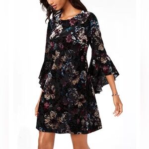 Nine West black velvet colorful floral burnout dress with big bell sleeves NWT